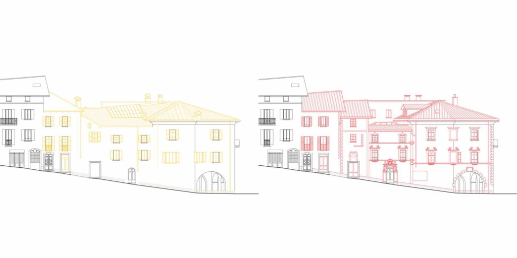 Facciata ovest di Casa Varenna a Locarno, con indicazione delle parti demolite in giallo e delle parti nuove in rosso.