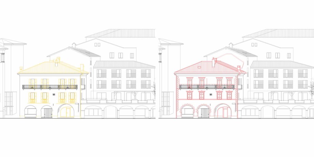 Facciata sud di Casa Varenna a Locarno, con indicazione delle parti demolite in giallo e delle parti nuove in rosso.