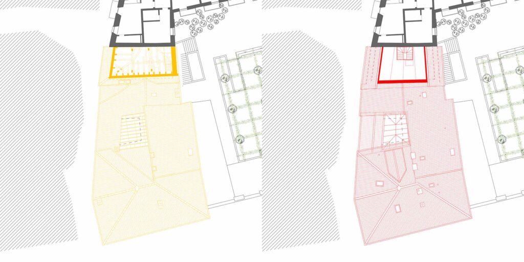 Pianta del piano mansardato di Casa Varenna a Locarno, con indicazione delle parti demolite in giallo e delle parti nuove in rosso.