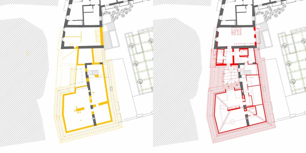 Pianta del piano mansardato di Casa Varenna a Locarno, con indicazione delle parti demolite in giallo e delle parti nuove in rosso.