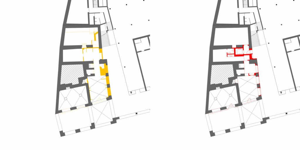 Pianta del piano terra di Casa Varenna a Locarno, con indicazione delle parti demolite in giallo e delle parti nuove in rosso.