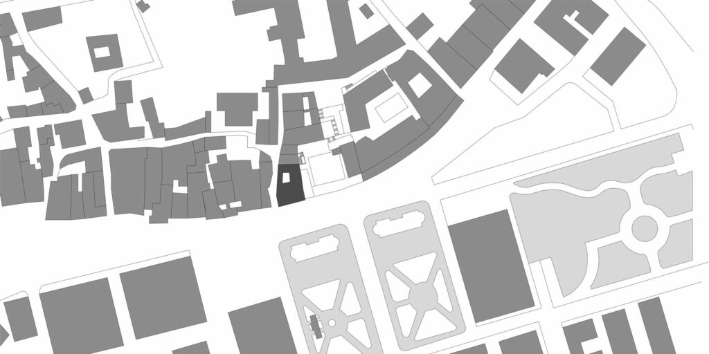 Planimetria di inquadramento urbano di Casa Varenna a Locarno, con gli edifici circostanti e gli spazi pubblici.
