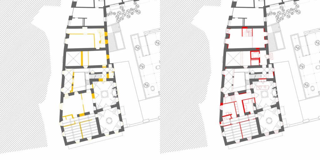 Pianta del primo piano di Casa Varenna a Locarno, con indicazione delle parti demolite in giallo e delle parti nuove in rosso.