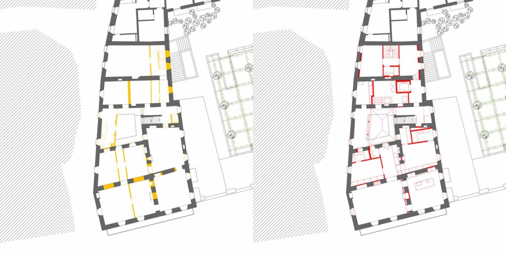 Pianta del secondo piano di Casa Varenna a Locarno, con indicazione delle parti demolite in giallo e delle parti nuove in rosso.