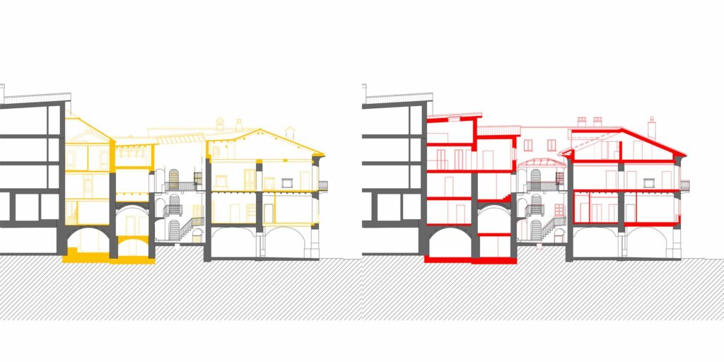 Sezione architettonica di Casa Varenna a Locarno, con indicazione delle parti demolite in giallo e delle parti nuove in rosso.